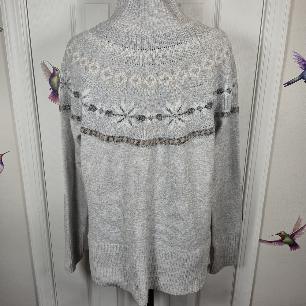 Two A Tee Fair Isle Snowflake Mock Turtleneck Tunic Holiday Sweater Grey L - Picture 2 of 6